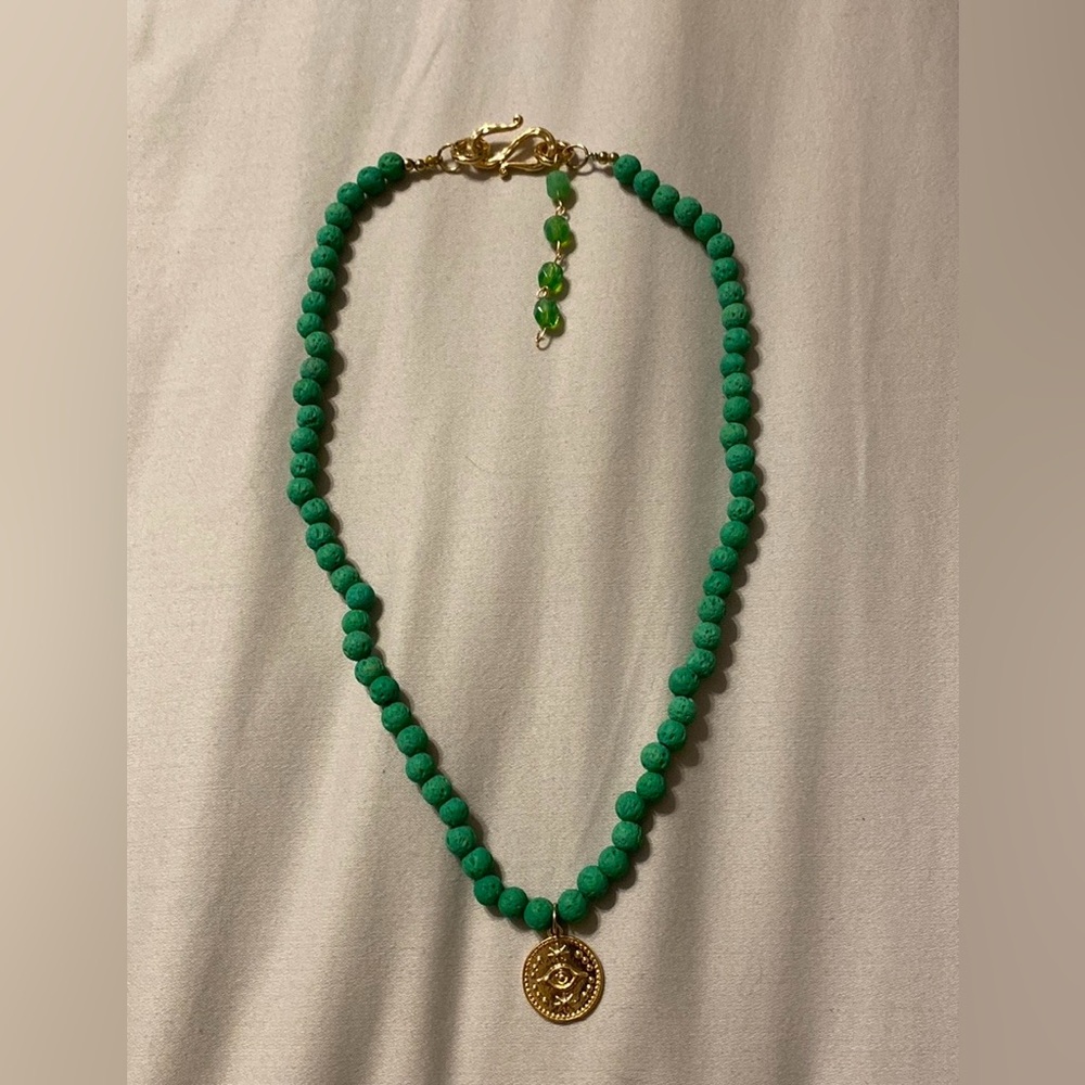 Handmade Green Stone Necklace with Evil Eye Charm and Decorative Clasp 16.5”